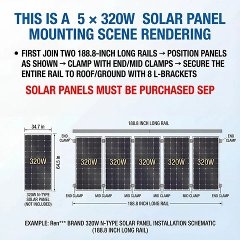 Diagram of Solar Panel Mounting Rail Kit For 5x320W Arrays With 8 Aluminum Rails Built Tough Adjustable Clamps L Brackets Grounding Lugs