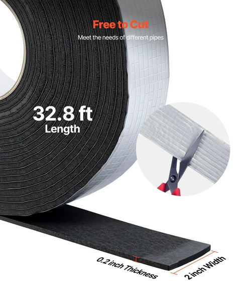 Pipe Insulation Wrap 32.8 Feet By 2 Inches With Aluminum Foil Layer Self Adhesive Foam shown in roll, scissors cutting foam