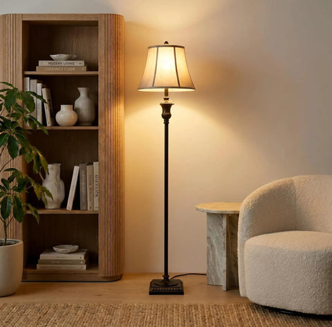Sophia LED Floor Lamp Tall Mid Century Modern Style With Bell Shape Fabric Shade Bronze Finish For Bedroom And Living Room Decor Ideal Standing Light For Cozy Home Vibe