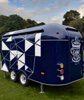 Complete Mobile Food Trailer For Sale Turnkey Snack Cart And Top Shelf Burger Stand Setup Ready To Roll Premium Grilled Food Kiosk built tough for daily hustle, navy geometric design, rear view.
