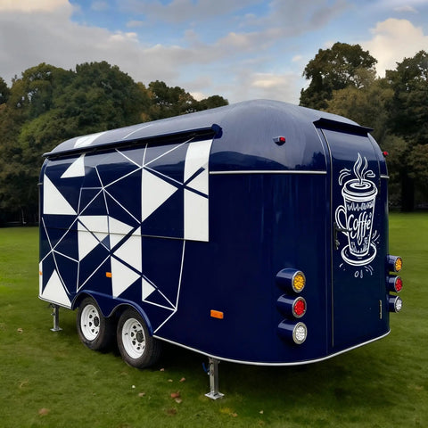 Complete Mobile Food Trailer For Sale Turnkey Snack Cart And Top Shelf Burger Stand Setup Ready To Roll Premium Grilled Food Kiosk built tough for daily hustle, navy geometric design, rear view.