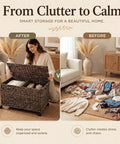Large Rolling Wicker Storage Basket Made From Water Hyacinth, 15.5 Gallon Chest With Smooth Rolling Wheels in living room before and after