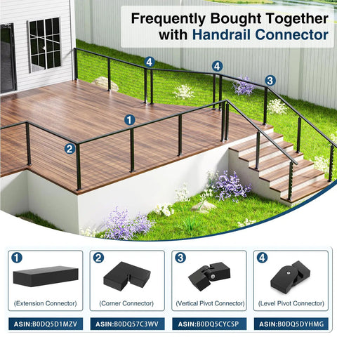 Kickass Black Stainless Steel Handrail For Cable Railing System 6 Foot 6 Inch Length Two Pack Heavy Duty Metal Grip Rail shown with connectors on deck.