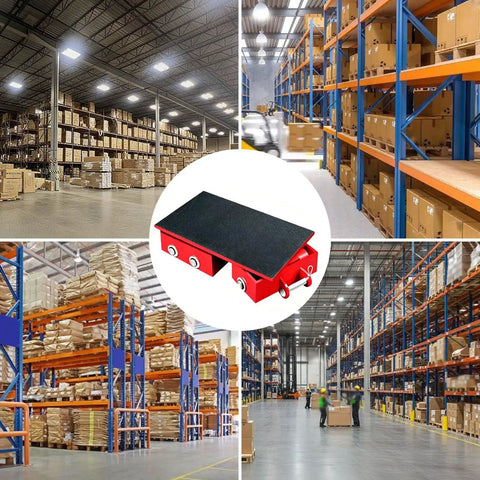 Heavy Duty Industrial Machinery Movers Featuring 180 Degree Rotating Skates in a warehouse with industrial equipment and boxes.