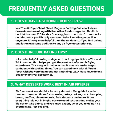 FAQ section answering questions about the Air Fryer Cheat Sheet Magnet And Quick Reference Guide With 120 Plus Foods Across Five Categories Timers And Temps For Meats Veggies Snacks Legumes And Frozen Foods The Ultimate Beginner Gift In 2026