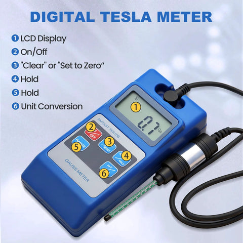 Digital Tesla Gauss Meter 0 to 2000mT DC Magnetic Field Tester With TES10B displaying features on blue body