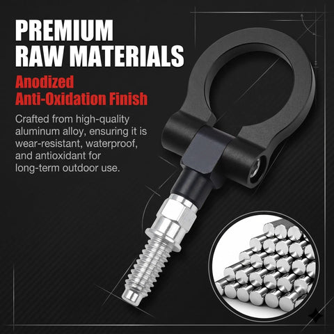 Straight Up Tough Car Front Bumper Tow Hook And Racing Style Screw On Trailer Pull Ring Heavy Duty Alloy Foldable D Ring For Universal European Thread Rigs Black showing anodized finish and screw mount.