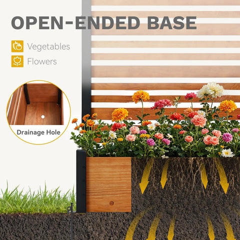 72 Inch Outdoor Privacy Fence Panel With Planter Box And Trellis For Backyard And Patio Privacy Brown Natural Wood With Classic Grain Hides Trash Cans And AC Units One Panel For A Yard Upgrade With A Cool Outdoor Screen showing open-ended planter base with flowers.