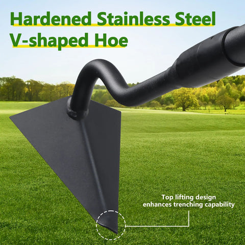 Long Handle 59 Inch Triangle Garden Hoe With V Blade For Deep Trenches, Heavy Duty Steel Digging Tool in lush garden setting