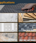 Hand using Heavy-Duty Backer Board Scoring Knife with Dual Tungsten Carbide Blades on various materials like cement boards and laminates
