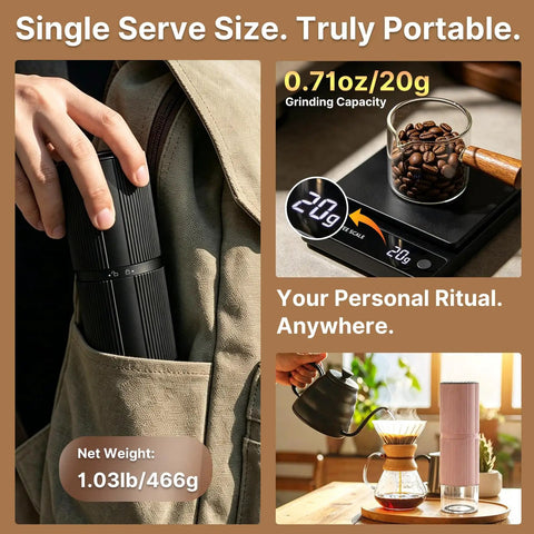 Portable Electric Coffee Grinder With Thirty Plus Burr Settings And Seven Precision Blades for quick even grinds in a travel pocket.