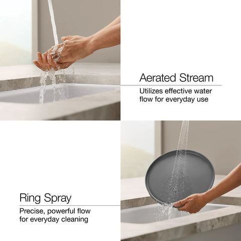 Jolt Pull-Out Kitchen Faucet With Two-Function Sprayhead, Touch Control, 1.5 GPM, Chrome Finish showing aerated stream and ring spray