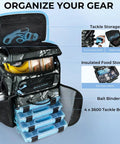 GearMaster Tackle Backpack With Bait Binder For Fishing Gear, showcasing open compartments with tackle boxes, bait binder, and food storage.