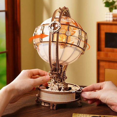 Illuminated Rotating Wooden Globe Puzzle Night Light Kit 185 Piece 3D Geography Model For Adults And Teens 14 Plus No Glue Needed Learn While You Build Hands On, wooden globe