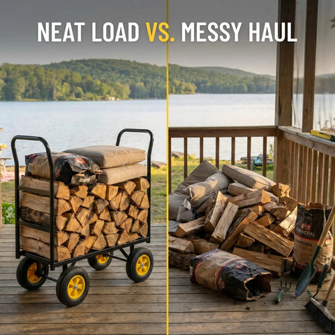 Heavy Duty Firewood Log Cart And Dolly For Indoor Outdoor Wood Moving Steel Rack With Rolling Wheels Converts From Two Wheel Hand Truck To Four Wheel Platform Cart And Hauls Up To 330 Lbs next to messy pile of firewood on a porch