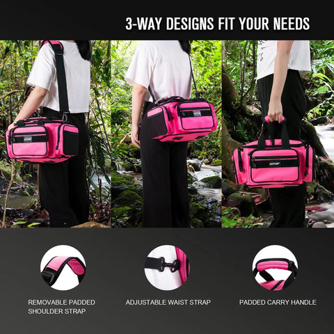 Person carrying 600D Water-Resistant Fishing Tackle Bag With Soft Side Crossbody Sling For Women using various strap options.