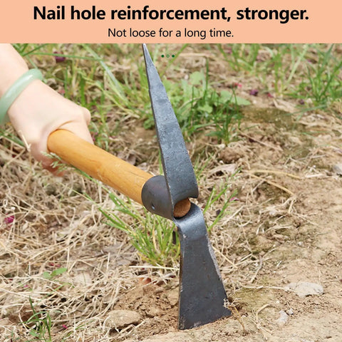 Heavy Duty Gardening Pick Axe With Wooden Handle Do It All Mattock Hand Tool shown digging in soil outdoors