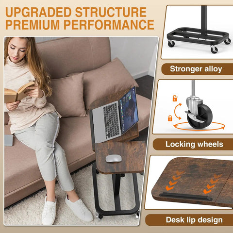 Woman using Go-To Large Size Portable Laptop Rolling Desk With Wheels, Adjustable Height And Tilt Top in brown on a couch.
