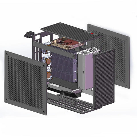 Exploded view of Mini CNC Aluminum ITX PC Case For Low Profile GPUs Quiet High Airflow Durable Aluminum Alloy Frame Compact Workstation