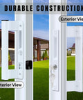 Sliding Glass Door Handle Set With Lock In White Aluminum Finish, Fits Six And Five Eighths Inch Hole Spacing, Exterior and Interior View