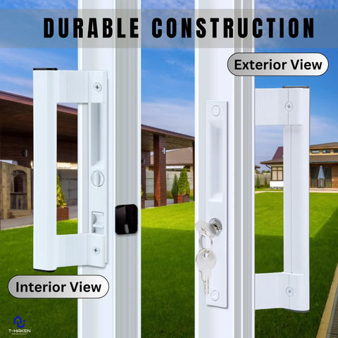Sliding Glass Door Handle Set With Lock In White Aluminum Finish, Fits Six And Five Eighths Inch Hole Spacing, Exterior and Interior View