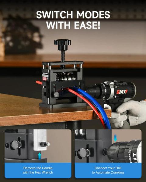 Manual Wire Stripping Tool With Hand Crank And Drill Power For Scrap Copper Cables, 6 Channel 5 Blade System in use