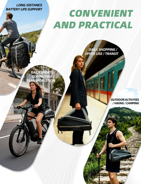 People using 40L Hard Shell Ebike Battery Bag For Rear Rack Waterproof Storage Case for commuting, shopping, and outdoor activities