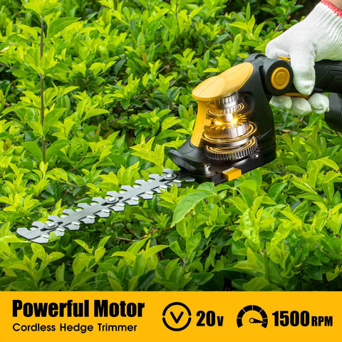 Cordless Hedge Trimmer And Grass Trimmer 2 In 1 For Yard Work shown cutting through thick green hedges, ergonomic yellow handle.