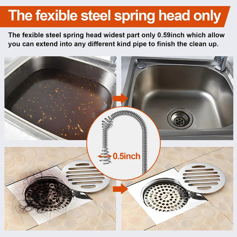 Twenty Five Foot Flexible Steel Drain Auger With Drill Adapter For Shower And Tub Unclogging Of Hair And Grease Built Like A Tank. Steel spring head shown for cleaning drains.
