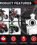 Carburetor Kit Fits 50cc 70cc 90cc 110cc 125cc Chinese ATVs Dirt Bikes Go Karts Mini Motorcycles With Wide Compatibility For TaoTao Coolster Kazuma Baja Apollo Dirt Runner And More displayed with product features icons.