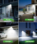 Solar Motion Lights Outdoor Two Pack, 3 Modes Security Flood Light With Remote illuminating porch, patio, garage, and backyard.