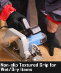 Person using a saw while wearing A3 Cut Resistant Gloves With Nitrile Grip Coating For Fishing And Woodworking, Black X Large.