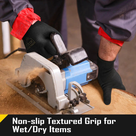 A3 Cut Resistant Fishing Gloves With Nitrile Grip Coating for Glass Handling and Wood Carving, shown used with power tool.