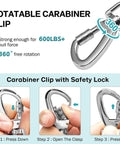 Rotatable carabiner clip with safety lock, strong for 600 lbs pull, 360-degree rotation. Steps to use are shown in three images.