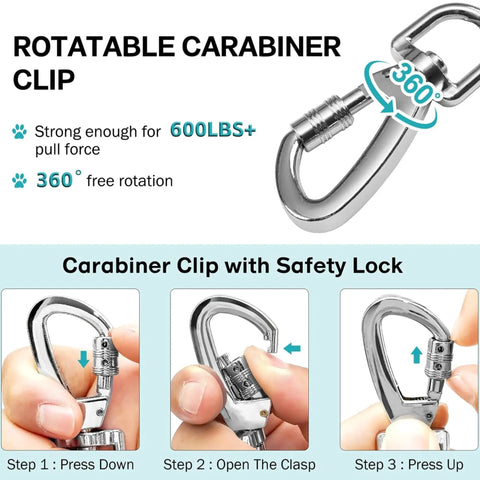 Rotatable carabiner clip with safety lock, strong for 600 lbs pull, 360-degree rotation. Steps to use are shown in three images.