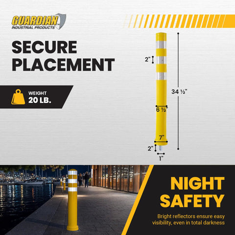 Real Deal Removable Safety Bollard 34.5 Inch Reflective Yellow Traffic Post with reflective bands for night visibility.