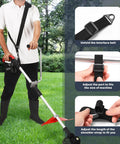 Person using Ergonomic Trimmer Grip With Shoulder Strap Harness For String Trimmers And Weed Eaters, showing installation steps.