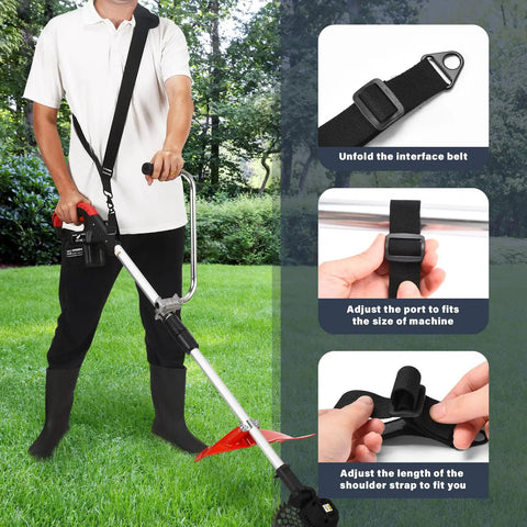 Person using Ergonomic Trimmer Grip With Shoulder Strap Harness For String Trimmers And Weed Eaters, showing installation steps.