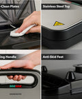 Ovente Electric Sandwich Maker With Quick Heating Non Stick Plates For Toasting Paninis And Omelets, showing easy-clean plates and locking handle.