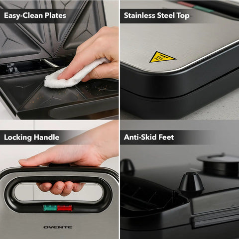 Ovente Electric Sandwich Maker With Quick Heating Non Stick Plates For Toasting Paninis And Omelets, showing easy-clean plates and locking handle.