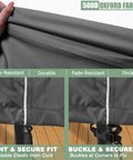 Close-up of Heavy Duty 500D Waterproof Outdoor Furniture Cover Set showing adjustable elastic hem and buckles for secure fit.