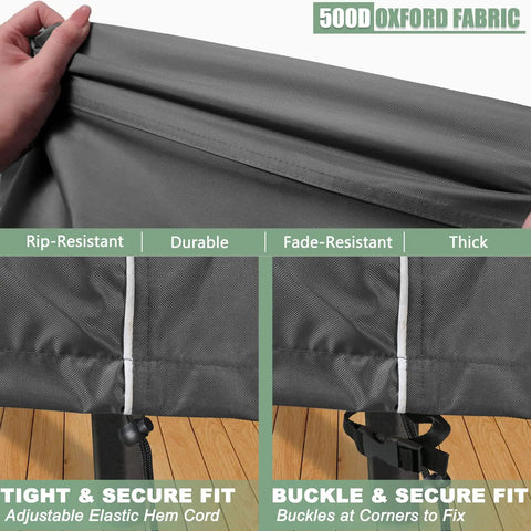 Close-up of Heavy Duty 500D Waterproof Outdoor Furniture Cover Set showing adjustable elastic hem and buckles for secure fit.