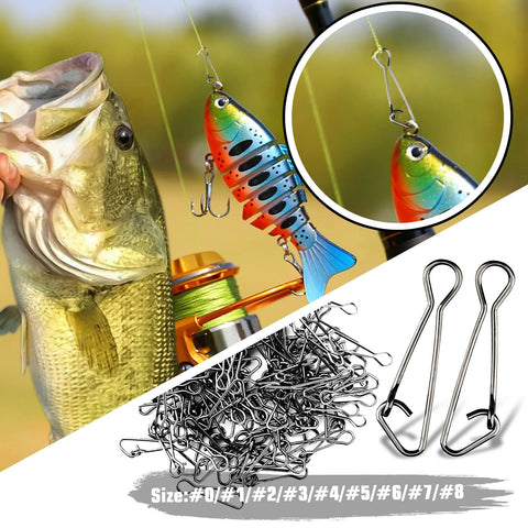 Front view of AMYSPORTS stainless fishing snaps and swivels, black nickel, 100 pcs, 26 lb test