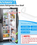 Two Pack Refrigerator Door Bin Shelf Replacement Upgraded Durable Bottom Shelf Rack For Compatible Fridge Models Sixteen Inch Long Front Bin Five And A Half Inch Deep Five And Three Quarter Inch High Easy Install next to open fridge showing fit