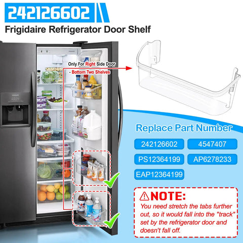 Two Pack Refrigerator Door Bin Shelf Replacement Upgraded Durable Bottom Shelf Rack For Compatible Fridge Models Sixteen Inch Long Front Bin Five And A Half Inch Deep Five And Three Quarter Inch High Easy Install next to open fridge showing fit