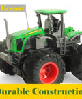 Die Cast Metal Tractor Trucks With Trailer And Movable Parts, Realistic Details, close-up of green tractor with large tires