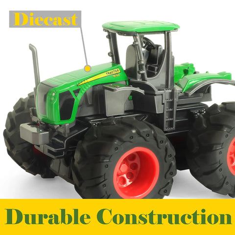 Die Cast Metal Tractor Trucks With Trailer And Movable Parts, Realistic Details, close-up of green tractor with large tires