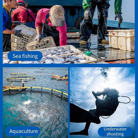 Collage of sea fishing, aquaculture, and underwater shooting with focus on 3 Hour Scuba Ventilator System With Mask Mount For Underwater.