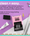 Heavy Duty Date Stamp For Shipping And Expiration Tracking Built Like A Rock With Black Ink And Customizable Mount Colors A Total Office Game Changer That Goes Hard Daily on purple background with ink and accessories.