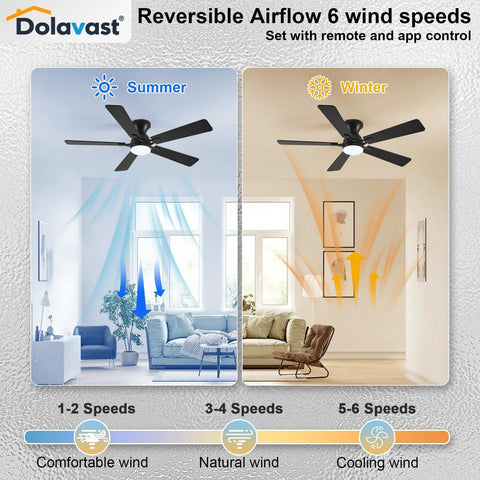 52 Inch Black Low Profile Ceiling Fan with Light and Remote Flush Mount Reversible DC Motor Dimmable LED 3CCT split view with seasonal airflow modes